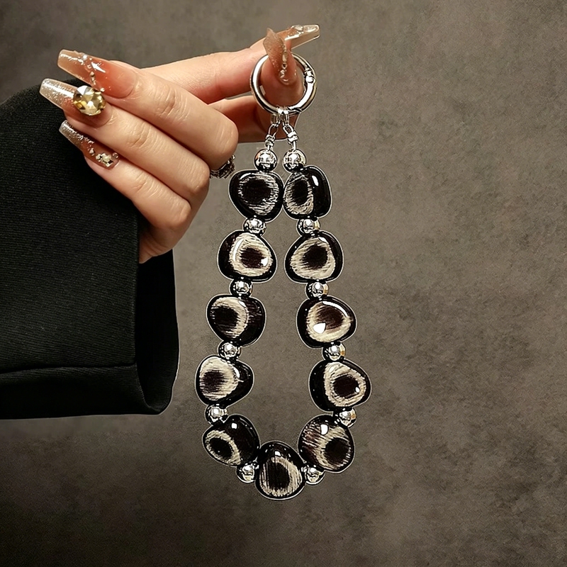 Personalized and Creative Black Beaded Hand Chain Wrist Strap Short Lanyard Phone Case Car Keychain Bag Pendant for Women Trendy