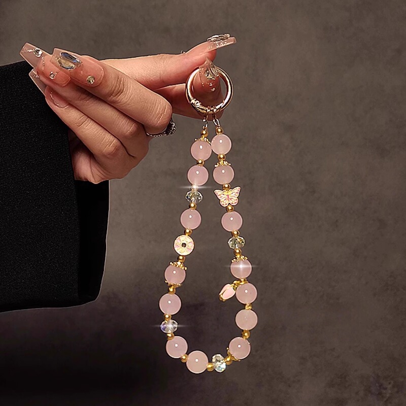 Chinese Style Pink Handmade Beaded Hand Chain Wrist Short Lanyard Phone Case Car Keychain Bag Pendant for Women