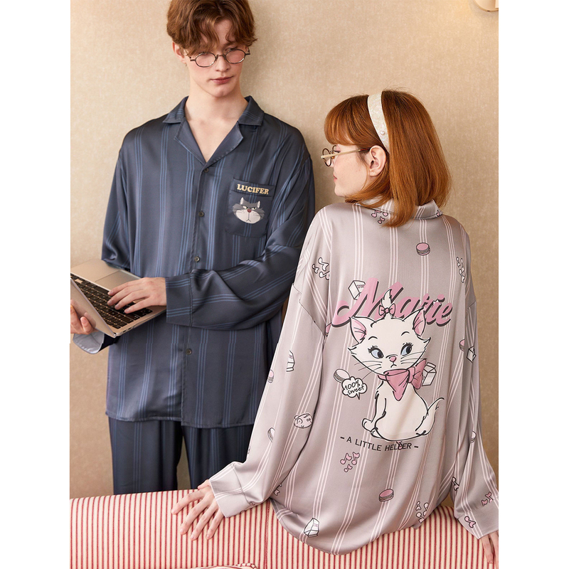Mary Cat Couple Pajamas Spring and Autumn Women's Ice Silk Set Ruzifu Men's High-End Silk Loungewear for Outerwear