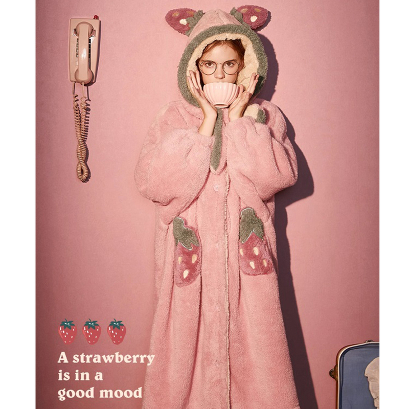 Coral Velvet Nightgown for Women, Mid-Length, Fleece-Lined, Thickened, Cartoon Cute Pink Strawberry Pajamas, Home Wear Set for Winter