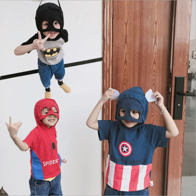 Children's Batman Pure Cotton Short-Sleeved Pullover Sweatshirt Baby Captain America Cartoon Top for Boys and Girls Spider-Man Summer