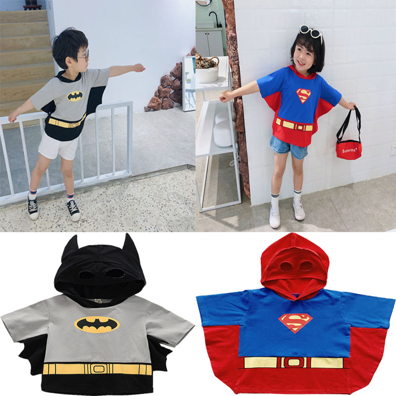 Batman Children's Cosplay Mask Hooded Sweatshirt Boys and Girls Superman T-Shirt Performance Baby Pure Cotton Short-Sleeve June 1St Summer
