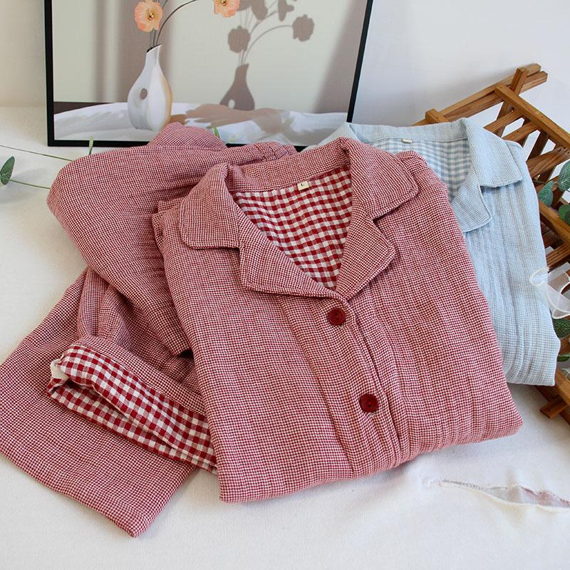 New Muji-Style Four-Layer Yarn-Dyed Gauze Pure Cotton Plaid Pajamas for Women, Simple Casual Loungewear, Good Quality