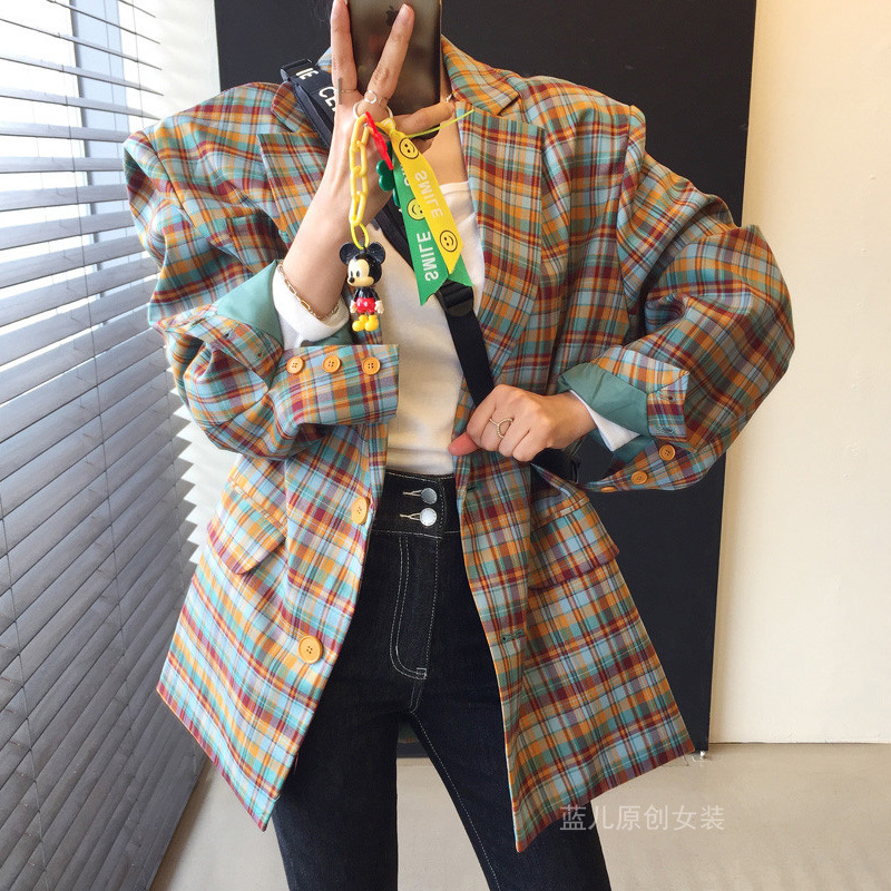 High-End Niche Plaid Blazer for Women 2025 Spring and Autumn Korean Style Loose Casual Retro Printed Suit Jacket