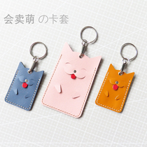 Handmade cowhide cat access card cover leather mini subway bus card bank card protection cover cartoon couple