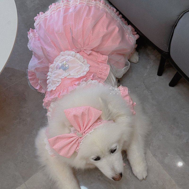 【Little Tail Pets】Pink Water Pearl Mesh Princess Dress with Big Bow and Hat Set for Medium and Large Dogs 【Little Tail Pets】Pink Water Pearl Mesh Princess Dress with Big Bow and Hat Set for Medium and Large Dogs