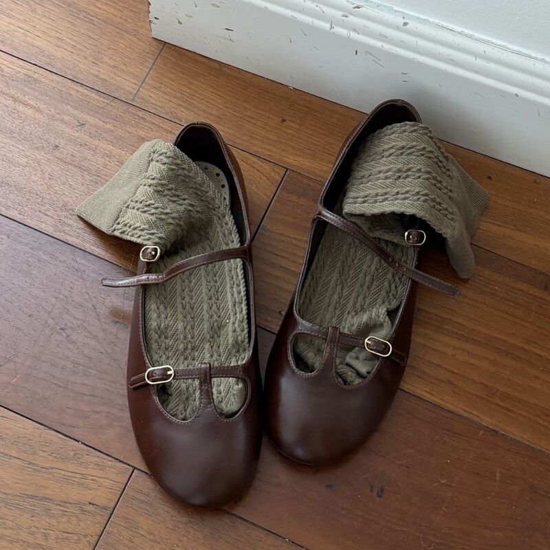 French Retro Brown Round-Toe Flat Ballet Shoes with a Single Strap for Women, 2026 New Shallow Mary Jane Shoes