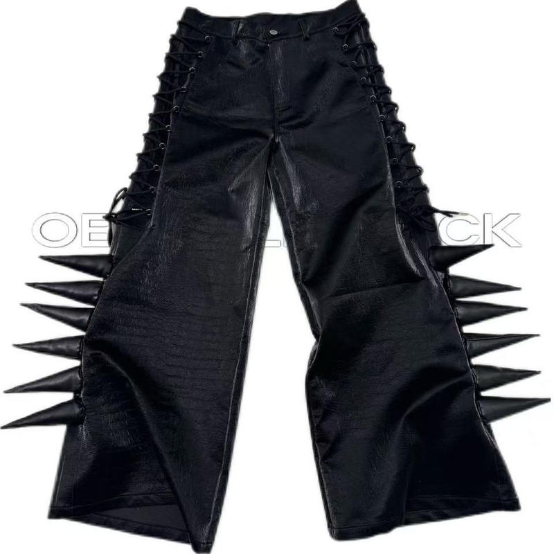 Obyeallblack Original Clothing Boxing Strap Design Cotton-Filled Imitation Crocodile Leather Pants