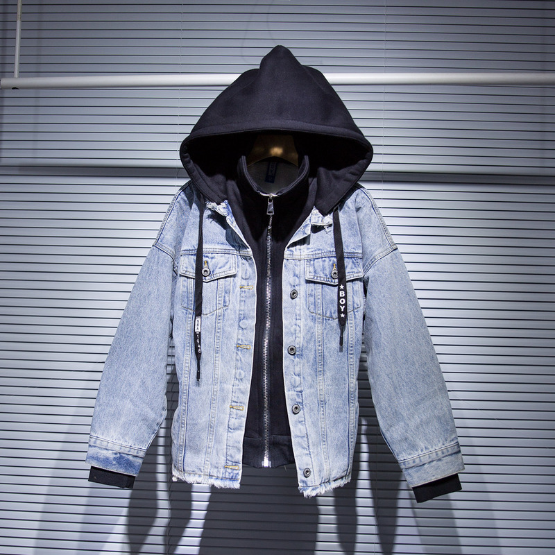 Korean-Style Women's Autumn and Winter Hooded Layered Retro Color-Blocking Thickened Fleece Patchwork Denim Jacket with Zipper and Stand Collar