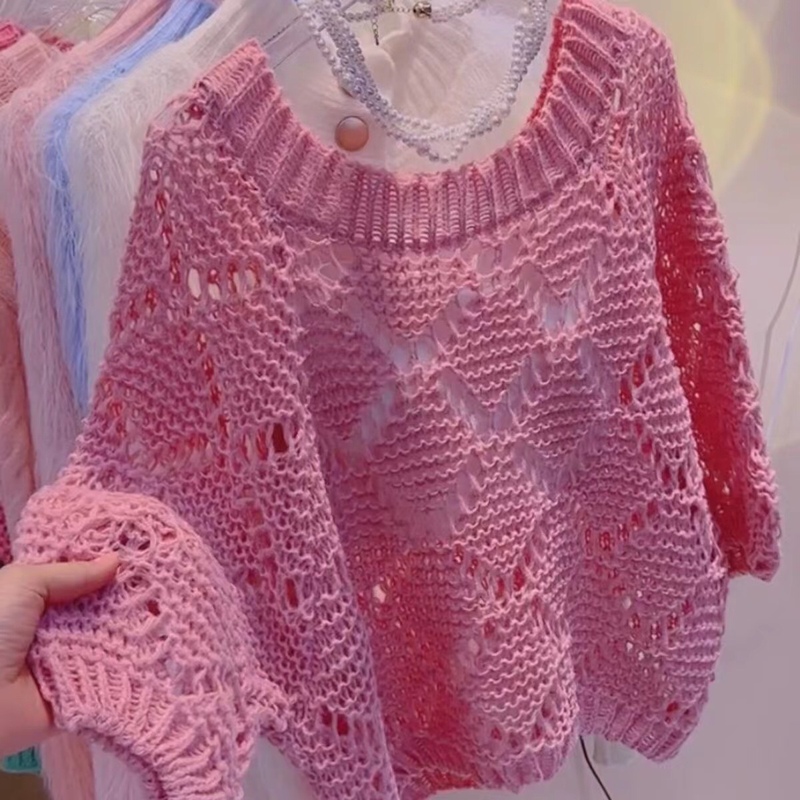 2026 Spring and Autumn New Style Gentle Pink Hollow Out Half-Sleeve Top for Women, Loose and Lazy Style Sweater Knitwear
