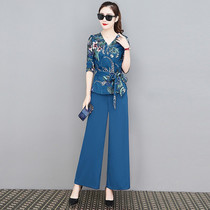 Simanli 2020 new temperament fashion socialite slim printing two-piece burgundy plus black pants 2XL