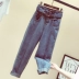 Hồng Kông nếm retro quần jeans Harlan nữ mùa xuân và mùa thu cỡ lớn chất béo cao eo cao mới chín điểm quần ống rộng rộng có đai quần bò chun Quần jean