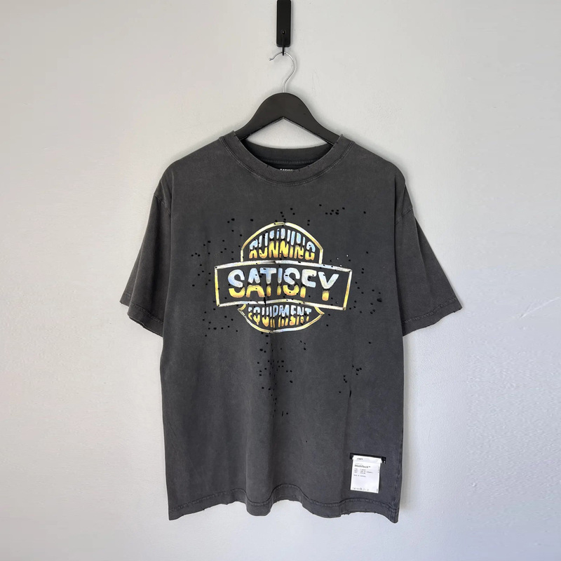 Satisfy Running French Running Fashion Retro Lettered Ripped Short-Sleeved T-Shirt for Men and Women