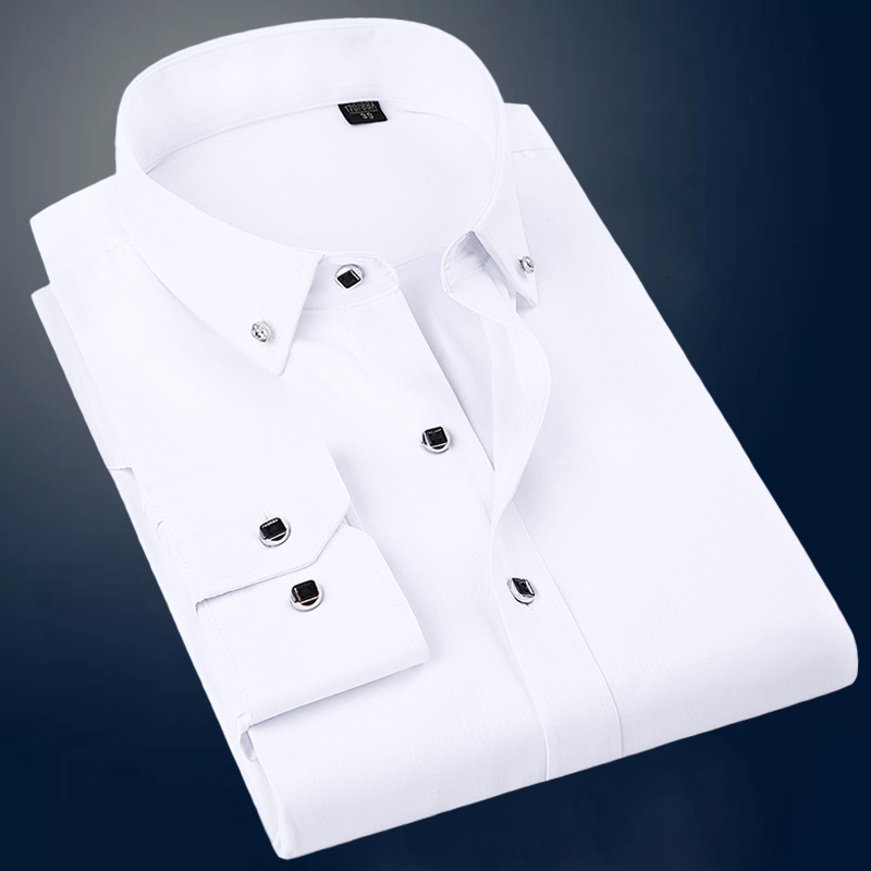 Spring Long-Sleeved Shirt, Business Professional Workwear, Wedding Groomsmen Diamond Button Youth Large Size Handsome Base Shirt for Men