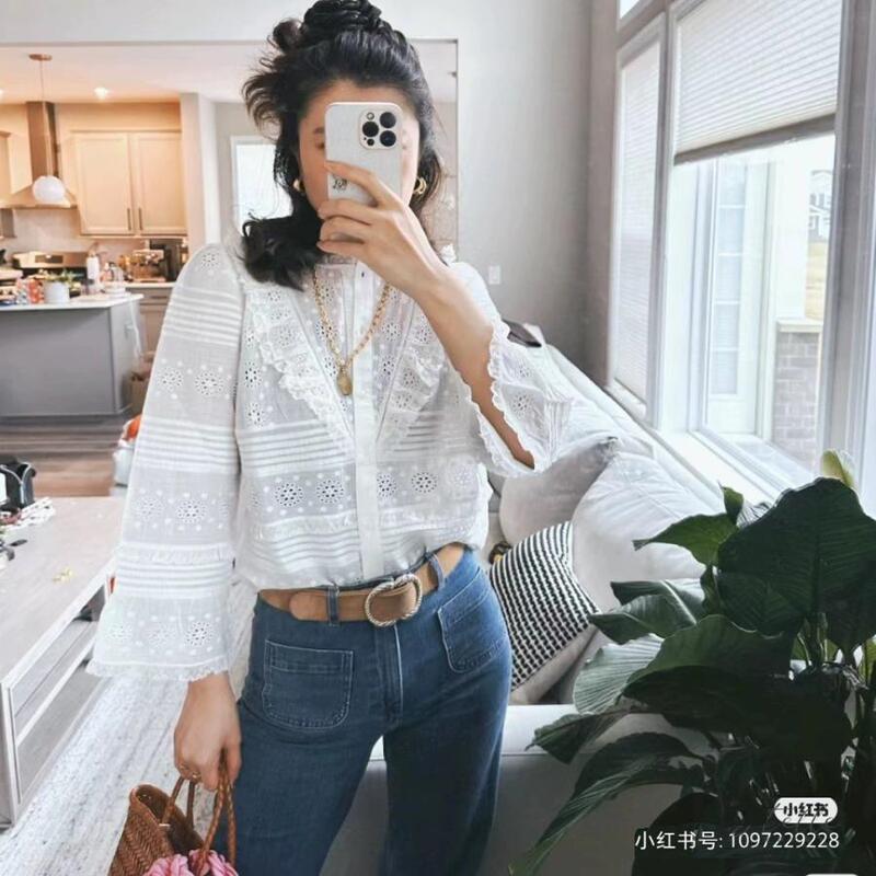 Small Amount in Stock Sezane Nele Lace Trim Hollow Embroidery French Casual Front Button Long-Sleeve Shirt