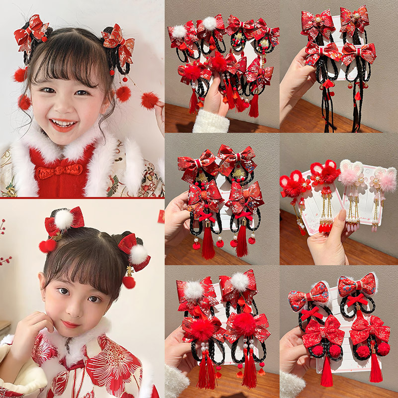 Chinese Style Children's New Year Headwear Baby Wig Braids Hairpin Super Fairy Tassel Bow Hairpin Ancient Style Hair Accessories