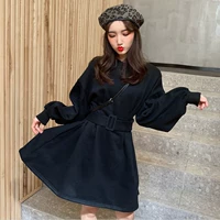 Mùa đông mới thời trang thắt lưng cao Một chiếc váy chữ cộng với nhung dày buông lỏng đèn lồng retro tay áo len váy chữ a đẹp