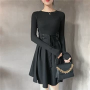 Mùa thu mới 2018 retro nhẹ nhàng gió vòng cổ khí dài váy cao eo quai slim knit dress nữ