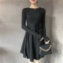 Mùa thu mới 2018 retro nhẹ nhàng gió vòng cổ khí dài váy cao eo quai slim knit dress nữ váy ngủ 2 dây