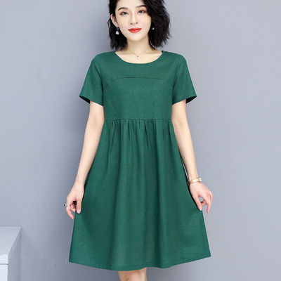 纯棉棉麻大码女装2021夏季新款遮肚显瘦中长款连衣裙小个子A字裙