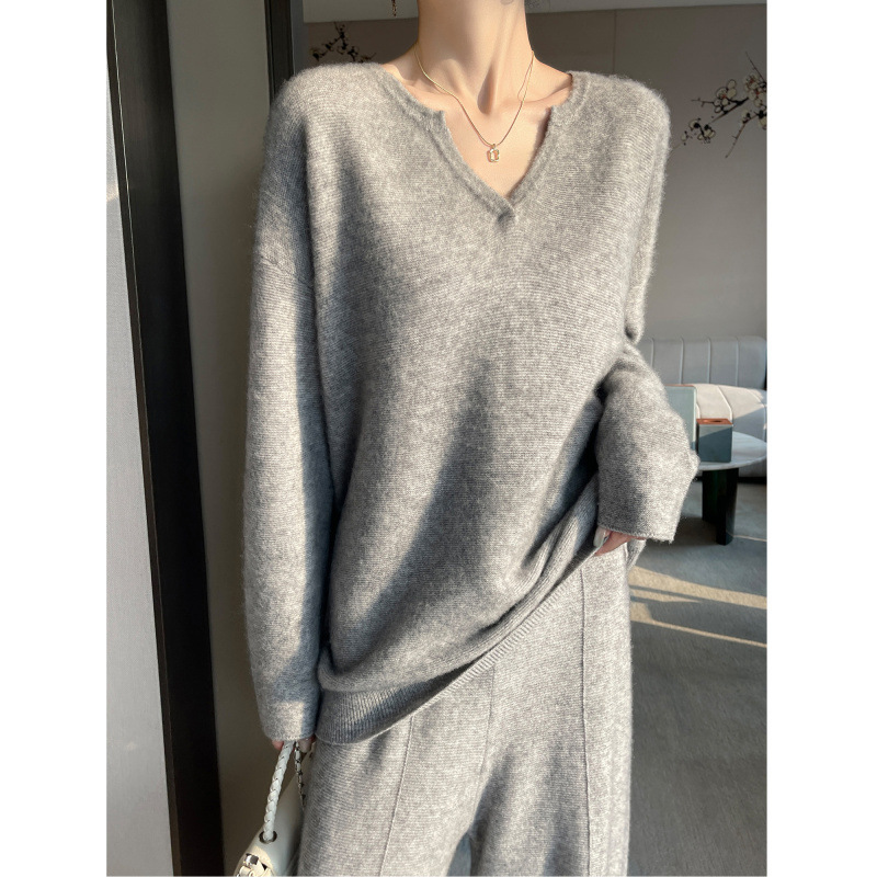 Minimalist Style V-Neck Knit Two-Piece Set for Women, Autumn and Winter 2026, Loose Sweater and Wide-Leg Pants, Lazy Style Drapey Outfit Minimalist Style V-Neck Knit Two-Piece Set for Women, Autumn and Winter 2026, Loose Sweater and Wide-Leg Pants, Lazy Style Drapey Outfit