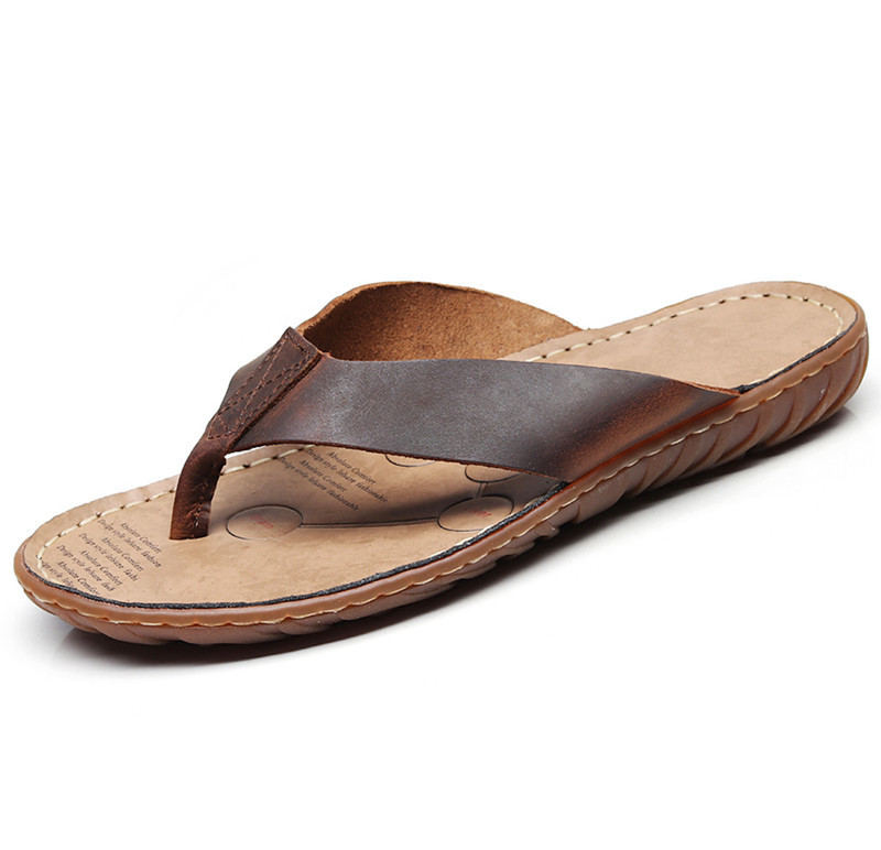 Leisifeisi Stitched Leather Flip-Flops, Durable Beach Shoes, Non-Slip, Shock-Absorbing, Soft Sole, Simple Design