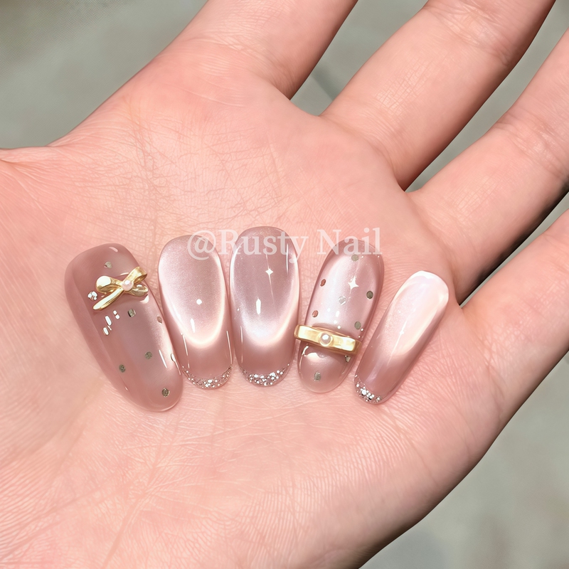 【Golden Girl】Pure Desire Millionaire Polka Dot Cat Eye Bow Handmade Wearable Nails High-End Nail Art Stickers