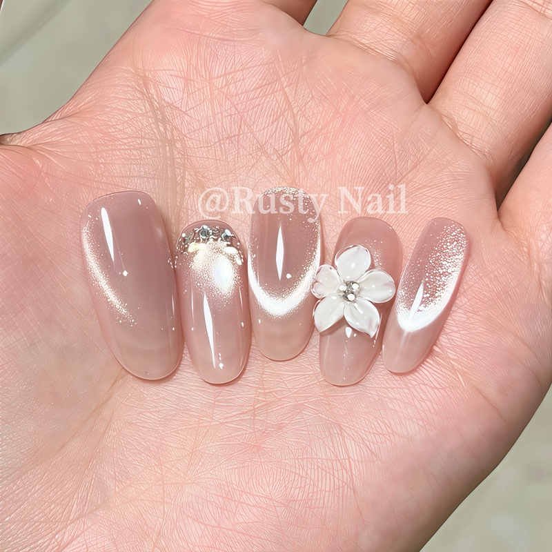 【Gardenia Cream】National Style New Chinese Carved Cat's Eye Handmade Wearable Nails High-End Nude Color Nail Art Stickers