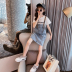 dây đeo denim Girls váy dây đeo váy bộ 2020 trẻ em mới trong net váy đỏ hai mảnh bộ dành cho trẻ em lớn của. 