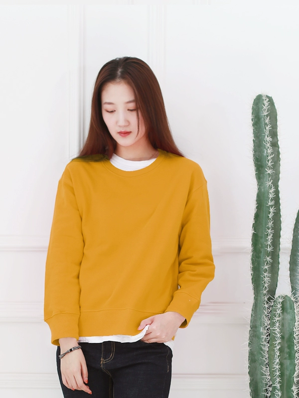 Áo len cổ tròn màu đơn sắc của phụ nữ terry jumper mùa xuân và mùa thu áo thể thao giản dị áo khoác cotton dài tay