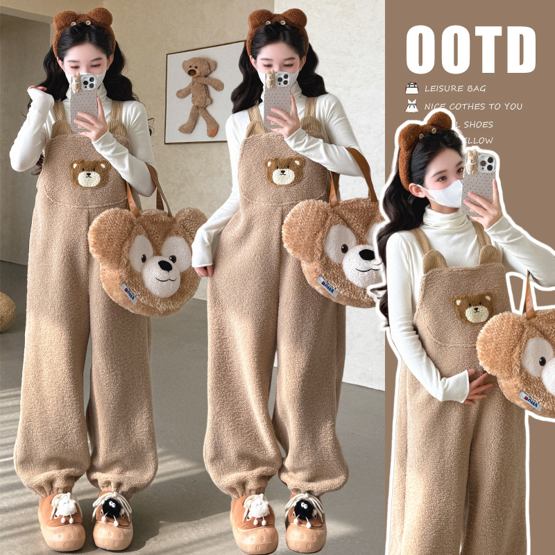 Maternity Autumn and Winter Fleece-Lined Bear Lamb Wool Thickened Overalls, Plus Size Casual Outerwear, Age-Reducing Loose Winter Set