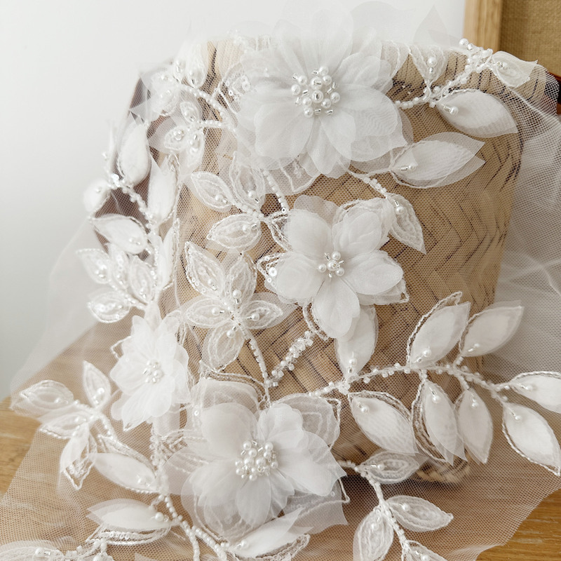 Hand-Beaded Large Floral Pieces, High-End Custom-Made Lace with a Unique Texture for Wedding Veils and Dresses