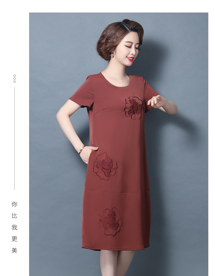 Mama Yang Qi trên đầu gối váy dài rộng vợ khí chất của phụ nữ mới trung niên mùa hè ngắn tay và váy lanh - Váy eo cao 	váy đan dây eo	