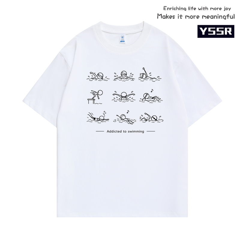 Obsessed with Swimming, Minimalist Line Drawing Swimmer Pattern Short-Sleeve Unisex Sports Fun Print Niche Pure Cotton T-Shirt