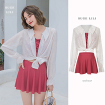 Swimsuit womens skirt split body hot spring high waist Belly Belly small chest gathering blouse blouse conservative three-piece hipster girl