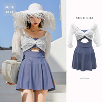 Mid-sleeve swimsuit womens one-piece belly thin hot spring swimming conservative hipster fairy skirt student swimwear