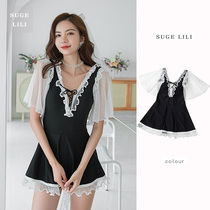 Swimsuit women 2021 new one-piece dress flat angle small chest gathering sexy thin belly cover fairy fan Korea hot spring