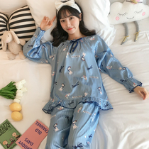 Pajamas Womens Spring and Autumn Winter long sleeves ice silk can be worn outside Korean cute two-piece set Sweet Home clothes can be worn outside