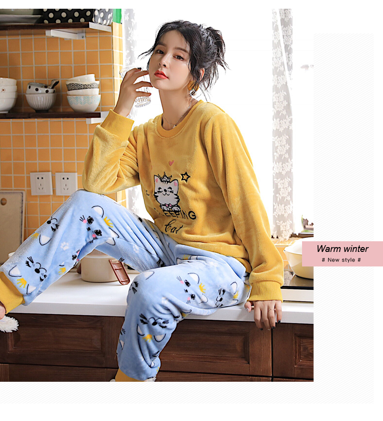 Đồ ngủ nhung san hô của phụ nữ mùa đông dài tay mùa thu và mùa đông flannel dày mùa thu và mùa đông có thể được mặc bên ngoài phù hợp với dịch vụ nhà những kiểu đồ bộ dễ thương