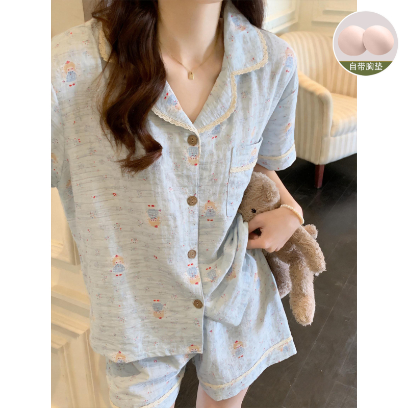 2026 New Style Pajamas for Women with Chest Pads, Summer Cartoon Cute Loungewear, Cloud Cotton Short-Sleeve Set, Can Be Worn Outside