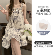 Retro water ink harness sleeping skirt woman with chest cushion Summer thin crowd atmosphere feel sleeveless pregnant woman sleepwear home clothes