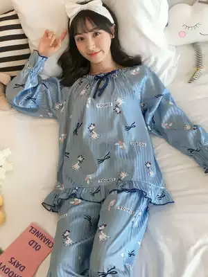 Pajamas women's spring, autumn and winter long-sleeved ice silk can be worn outside the Korean version of the cute two-piece suit sweet home clothes can be worn outside