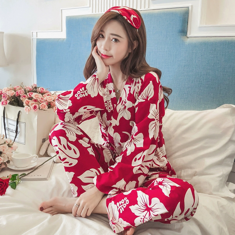 Nhật Bản kimono công chúa gió pijama phụ nữ mùa xuân và mùa thu bông tinh khiết dài tay ngọt ngào và đáng yêu bộ đồ mặc nhà mùa đông - Bộ Pajama