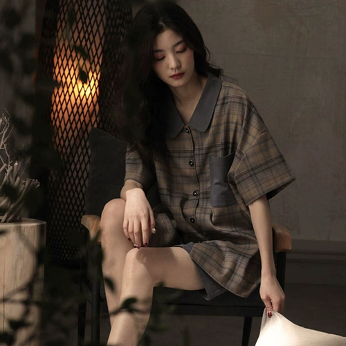 Хлопковая тонкая пижама, комплект, летний ретро кардиган, шорты, короткий рукав, 2021 года, свободный крой