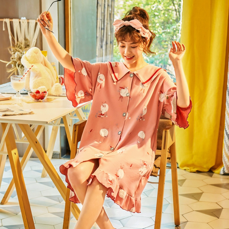 Váy ngủ mùa hè cotton mỏng rời ít phụ nữ ngọt ngào có thể được mặc bên ngoài đồ ngủ phụ nữ mùa hè cotton cộng với kích thước dịch vụ tại nhà - Đêm đầm
