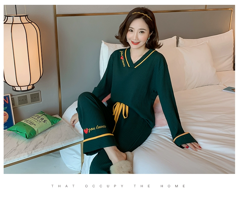 Bộ đồ ngủ mùa xuân và mùa thu nữ dài tay cotton Hàn Quốc ngọt ngào và dễ thương cộng với kích thước phù hợp với phần mỏng phần mùa đông dịch vụ tại nhà mùa thu và mùa đông - Bên ngoài ăn mặc