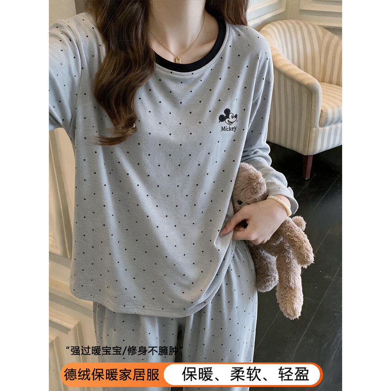 Pajamas for Women, Autumn and Winter, Warm Long-Sleeved 2026 New Korean Style Polka Dot Cartoon Mickey Brushed Velvet Home Wear Pajamas for Women, Autumn and Winter, Warm Long-Sleeved 2026 New Korean Style Polka Dot Cartoon Mickey Brushed Velvet Home Wear