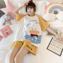 2021 New Pajamas for Women Summer Pure Cotton Thin Short-Sleeved Spring and Autumn Cute Duck Can Be Weared Outside Home Clothes Set