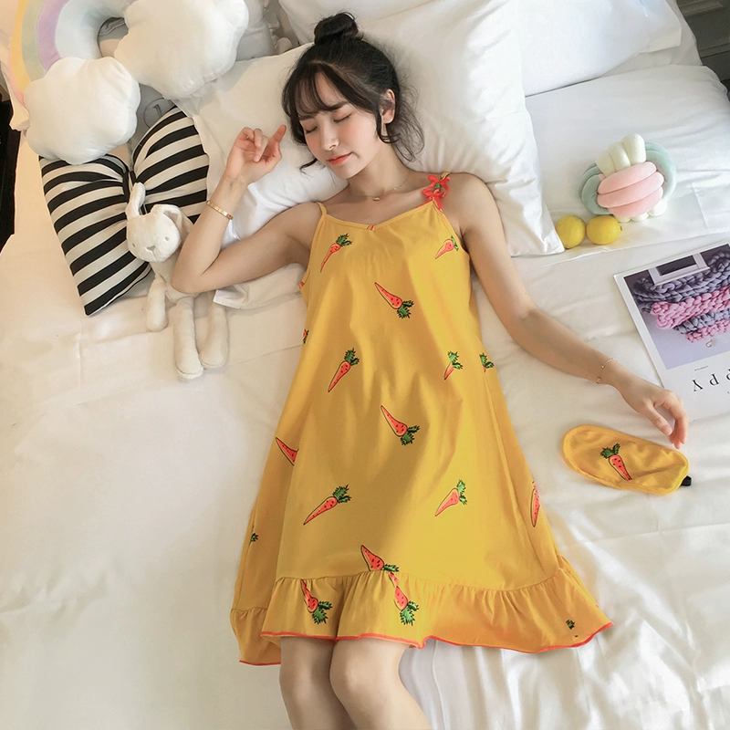 Đồ ngủ của phụ nữ mùa hè phong cách Hàn Quốc váy học sinh ngọt ngào dễ thương tươi mới váy ngủ mùa hè mỏng phần ít phụ nữ dịch vụ nhà - Đêm đầm