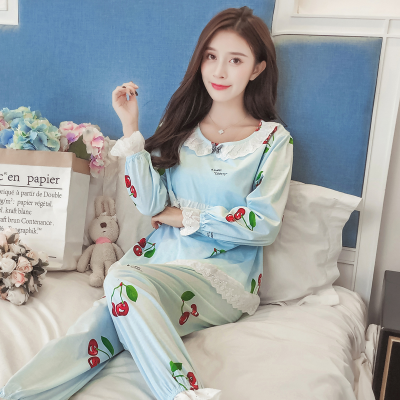 Pajamas with chest pads women's spring and autumn Korean version student cotton long-sleeved fresh autumn and winter home clothes summer outer wear suit